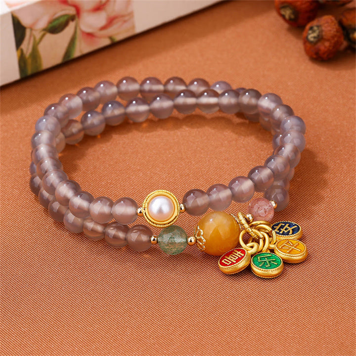 Buddha Stones Natürliches graues Achat-Friedens- und Freude-Charm-Balance-Doppelwickelarmband