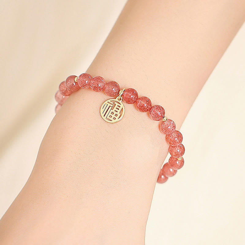 Buddha Stones 14K vergoldetes Erdbeerquarz-Fu-Charakter-Heilungs-Charm-Armband