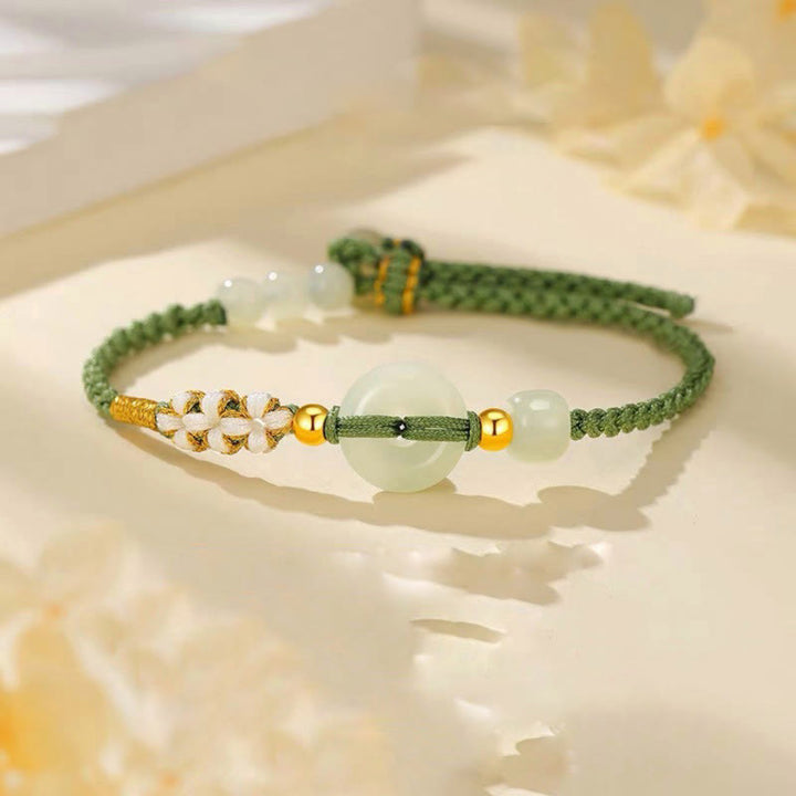 Buddha Stones Hetian Jade Friedensschnalle Glück Pfirsichblüte geflochtenes Armband