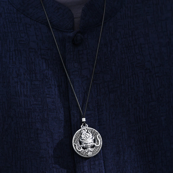 Buddha Stones 999 Sterling Silber Jahr des Drachen handgefertigter Drachenkopf-Relief-geschnitzter Schutz-Halskettenanhänger
