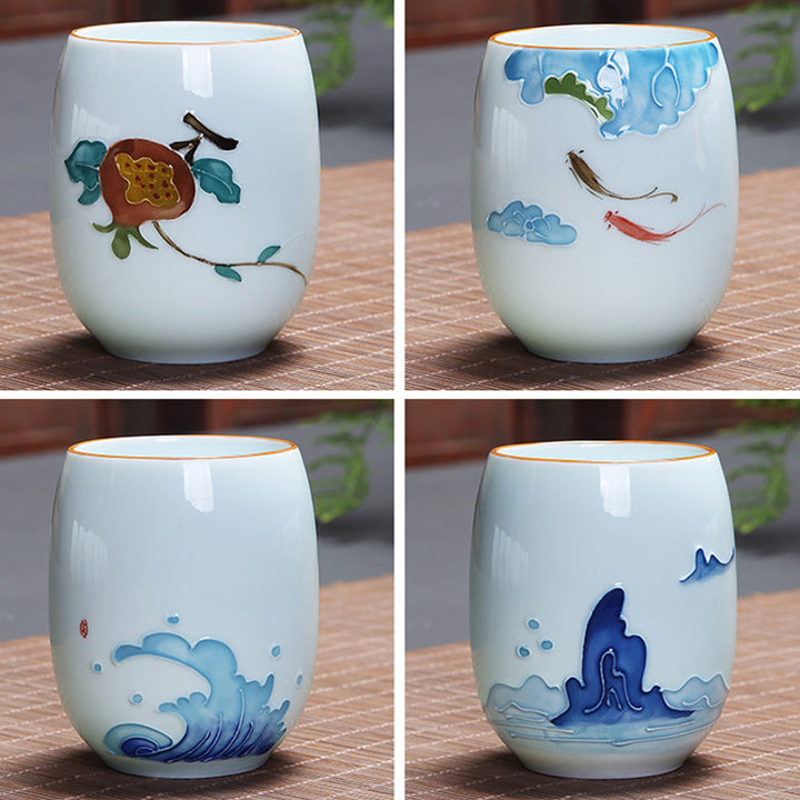 Buddha Stones, Koi-Fisch, Lotus-Landschaft, Löwenzahn, Pfingstrose, Blume, Keramik-Teetasse, Kung-Fu-Teetasse