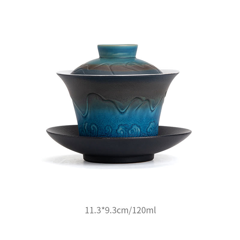 Buddha Stones Retro Blue Ocean Sea Waves Farbverlauf Keramik Gaiwan Sancai Teetasse Kung Fu Teetasse und Untertasse mit Deckel