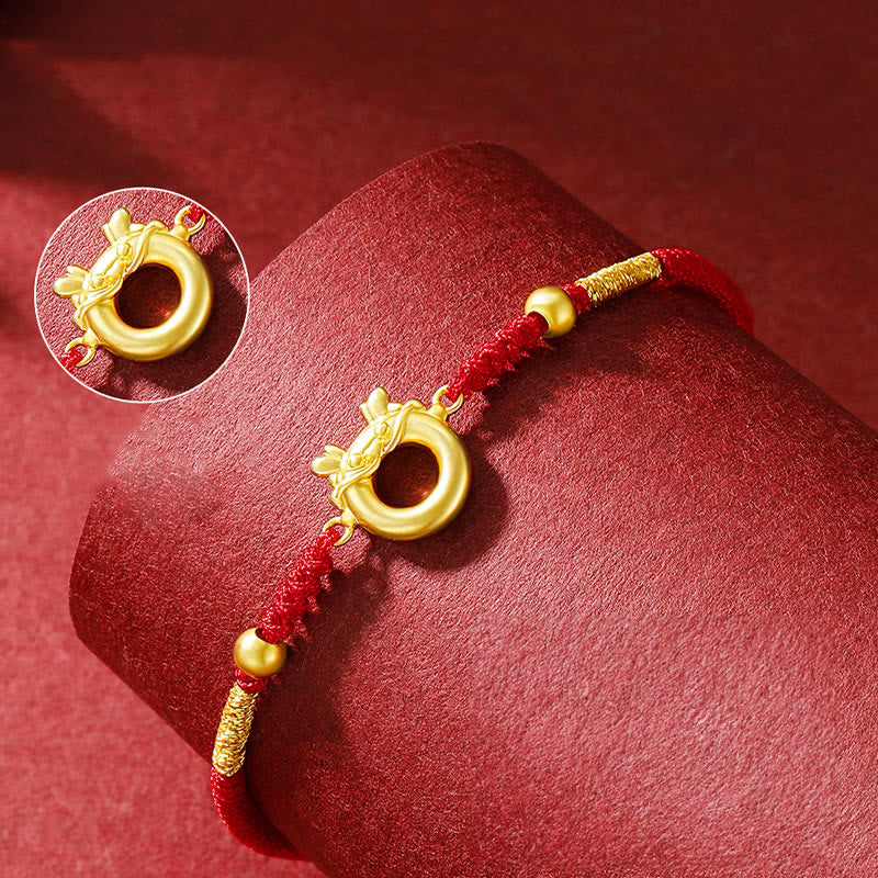Buddha Stones 999 Sterling Silber Jahr des Drachen Friedensschnalle Goldener Drache Glück Rotes Seil geflochtenes Armband