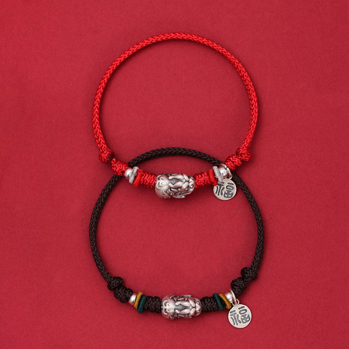 Buddha Stones 925 Sterling Silber PiXiu Fu Charakter Reichtum Glück Handgefertigtes geflochtenes Armband