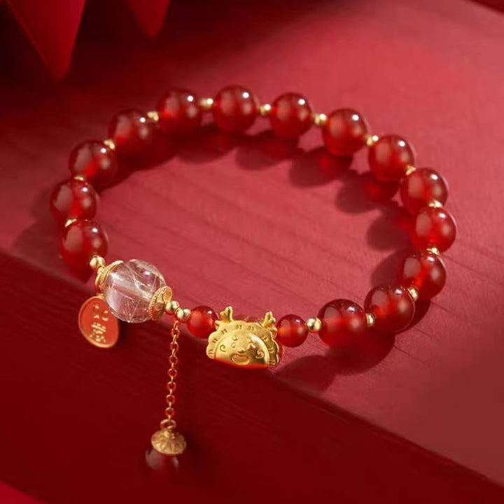 Armband mit Buddha Stonesn, Jahr des Drachen, Knödel, natürlicher roter Achat, Granat, Hetian-Jade, Fu-Charakter, Glück, Erfolg