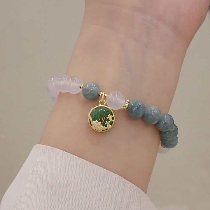 Buddha Stones Weiß Achat-Jade-Lotusblumen-Friedensschnallen-Schutzarmband