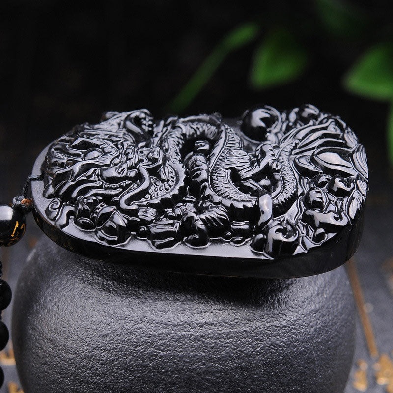 Halskette mit Anhänger „Drachenerfüllung“ aus schwarzem Obsidianstein von Buddha Stones