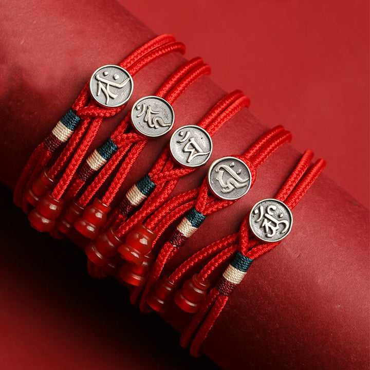 Buddha Stones 925 Sterling Silber chinesisches Sternzeichen Glück geflochtene rote Schnur Doppelschicht-Armband