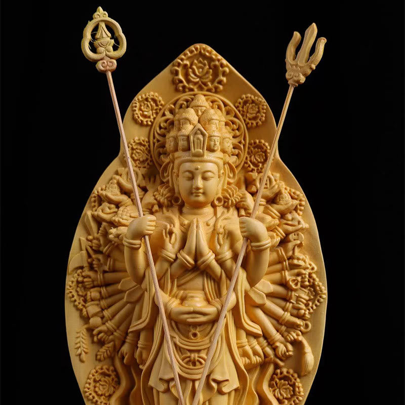 Buddha Stones, handgefertigt, tausendarmiger Avalokitesvara-Kwan-Yin-Bodhisattva-Statue, Buchsbaum, Fülle, Heimdekoration