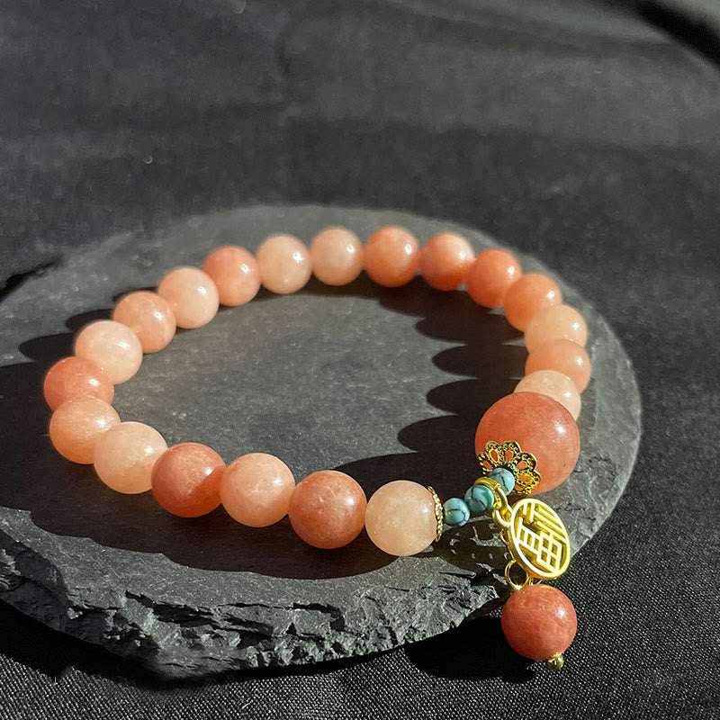 Armband mit Buddha Stonesn, natürlichem orangefarbenem Stein, Türkis, Fu-Charakter, Glücksbringer