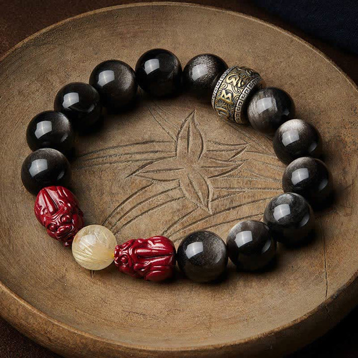 Buddha Stones Gold Sheen Obsidian PiXiu Cinnabar Om Mani Padme Hum Schutzarmband