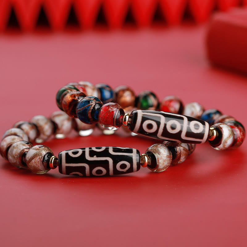 Buddha Stones Tibetische neunäugige Dzi-Perle, dreiäugige Dzi-Perle, Liuli-Glasperlen-Reichtumsarmband