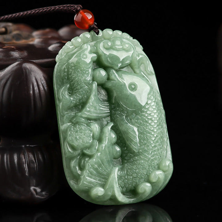 Buddha Stones, natürlicher Jade-Koi-Fisch, Lotus, Reichtum, Wohlstand, Halsketten-Anhänger