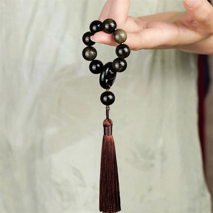 Buddha Stones Schwarzer Obsidian Stärke Quaste Handgelenk Mala