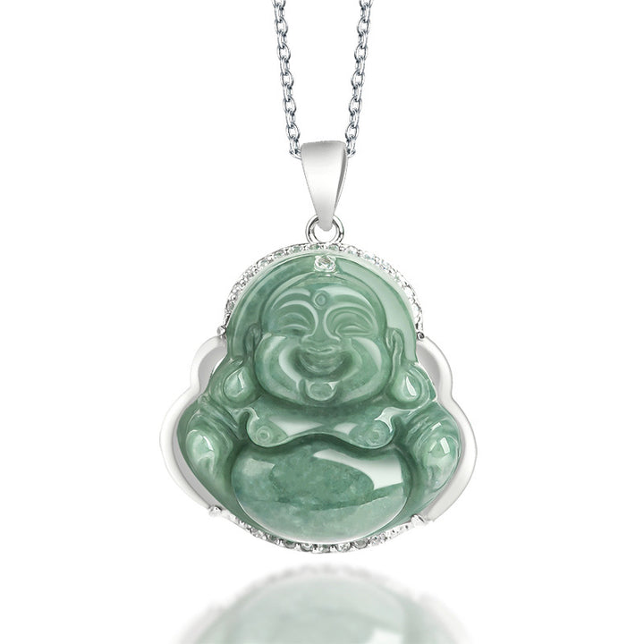 Buddha Stones 925 Sterling Silber Lachender Buddha Jade Fülle Halskette Kettenanhänger