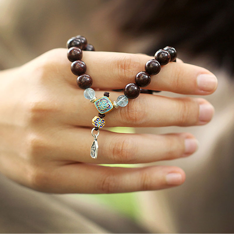 Buddha Stones, 925er-Sterlingsilber, indisches kleines Blatt, rotes Sandelholz, Aquamarin, voller Goldstern, chinesisches Knoten-Segen-Armband