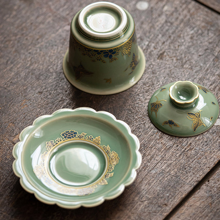 Buddha Stones, grünes Porzellan, Schmetterlingsblume, Lachsfisch, Keramik, Gaiwan, Sancai, Teetasse, Kung-Fu-Teetasse und Untertasse mit Deckel