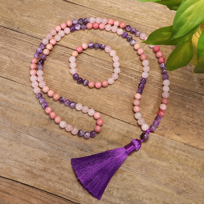 Buddha Stones 108 Mala Perlen Amethyst Rosenquarz Spirituelle Heilung Quastenarmband