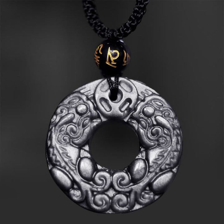 Buddha Stones Natural Silver Sheen Obsidian Double PiXiu Copper Coin Peace Buckle Protection Necklace Pendant