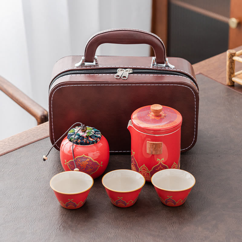 Buddha Stones Blume Chinesische Gongfu Keramik Teekanne Tragbare Outdoor Reise Tee-Set Tasche