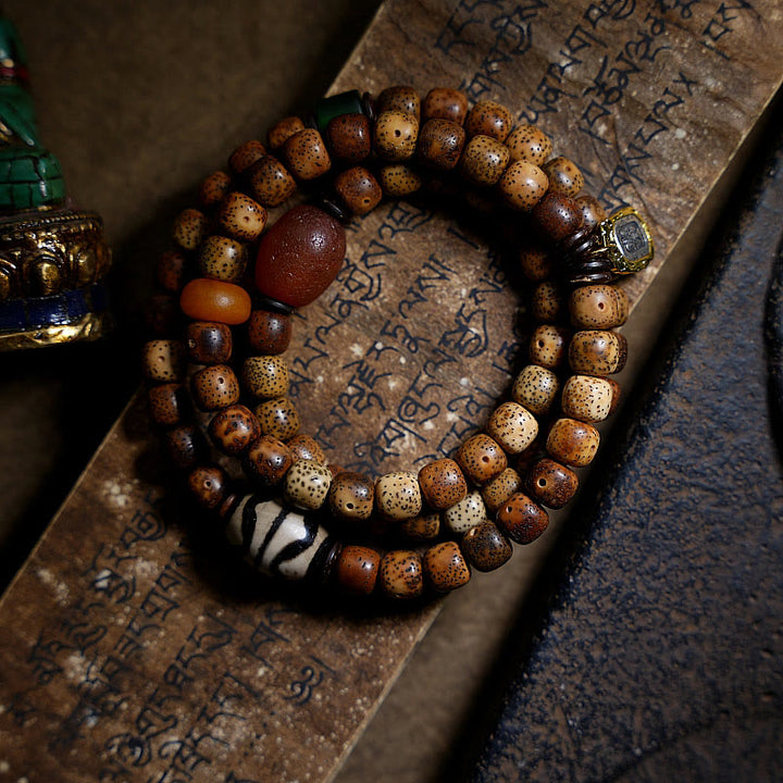 Buddha Stones Tibetisches Bodhi-Samen-Bernstein-Dzi-Perlen-Achat-Zakiram-Göttin des Reichtums-Perlen-Dreifach-Wickelarmband