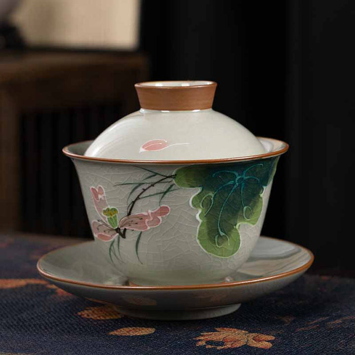 Buddha Stones Lotus Koi Fisch Pod Blatt Keramik Gaiwan Sancai Teetasse Kung Fu Teetasse und Untertasse mit Deckel 140 ml