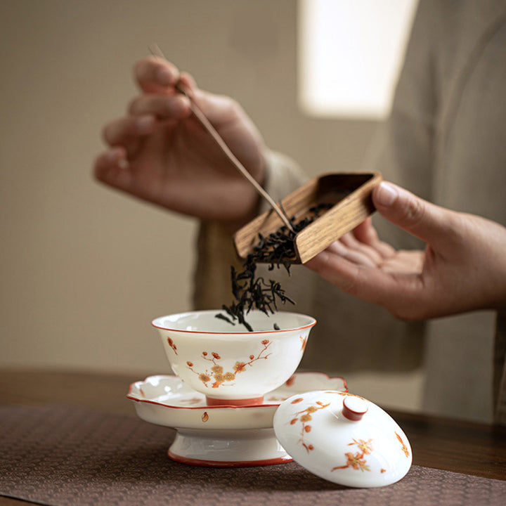 Buddha Stones Weiß Porzellanblumen Keramik Gaiwan Sancai Teetasse Kung Fu Teetasse und Untertasse mit Deckel