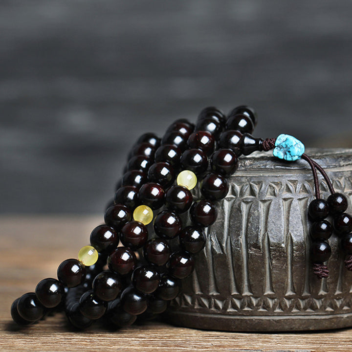 Buddha Stones, 108 Mala-Perlen, 4,8 Sterne, mit goldenem Stern, indisches kleines Blatt, rotes Sandelholz, Bernstein, Türkis, chinesisches Knoten-Segen-Armband