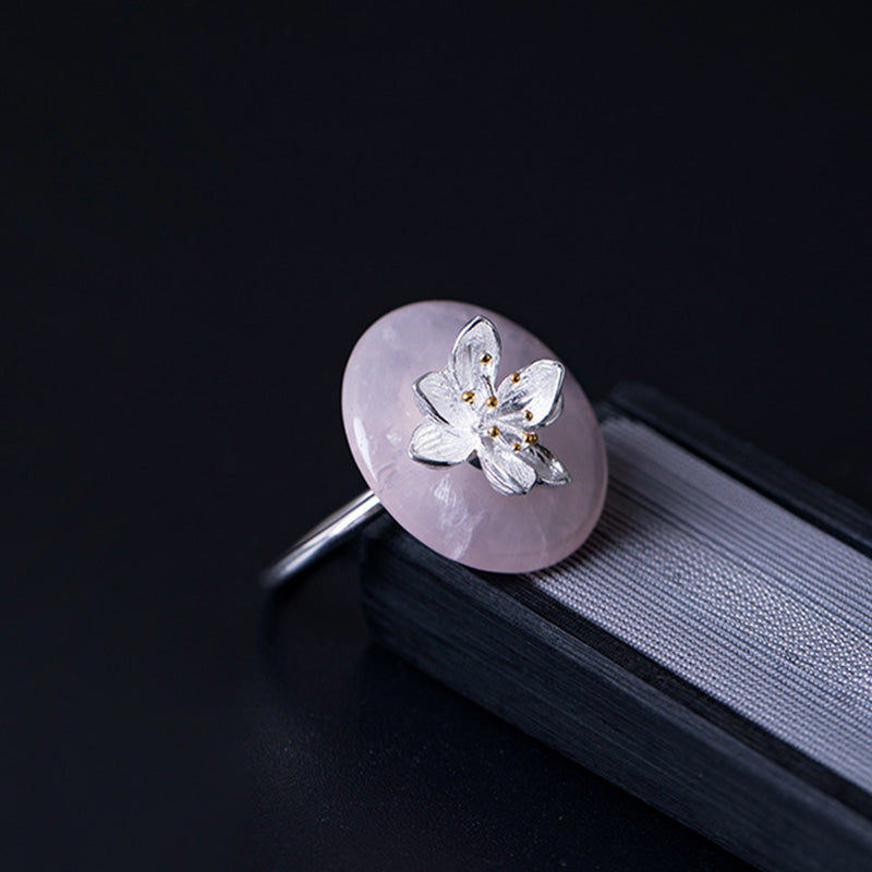 925 Sterling Silber Rosa Kristall Aventurin Lotus Balance Ring