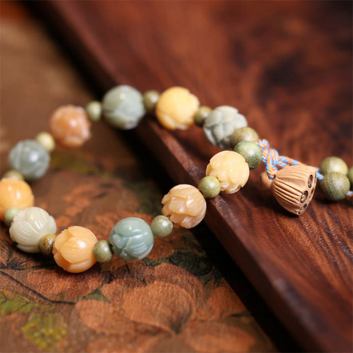 Armband mit Buddha Stonesn, Bodhi-Samen, Lotus, grünes Sandelholz, Weisheit, Harmonie