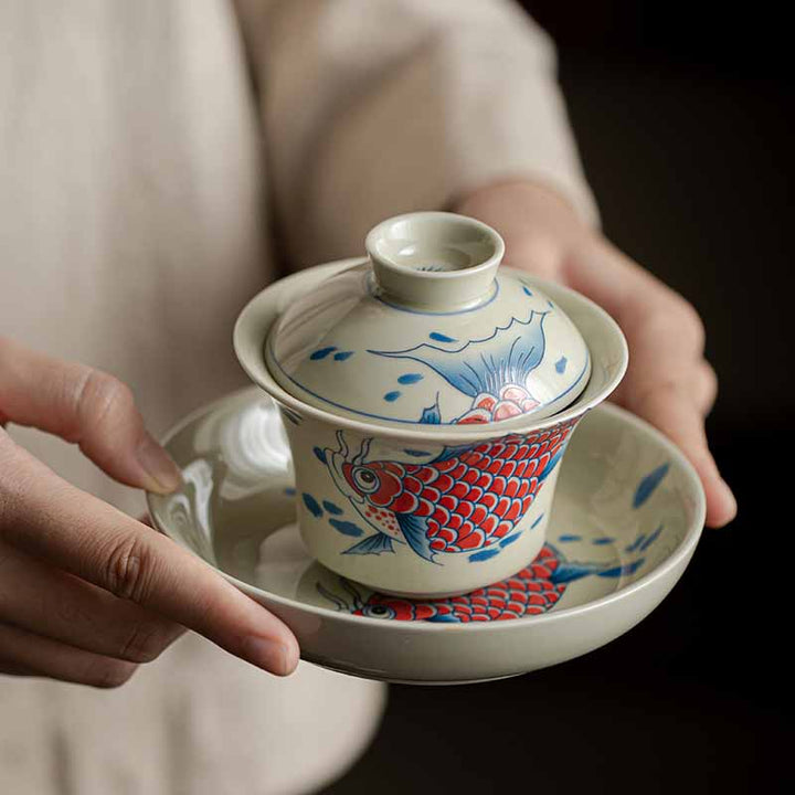 Buddha Stones Koi Fisch Arowana Keramik Gaiwan Sancai Teetasse Kung Fu Teetasse mit Deckel 130 ml