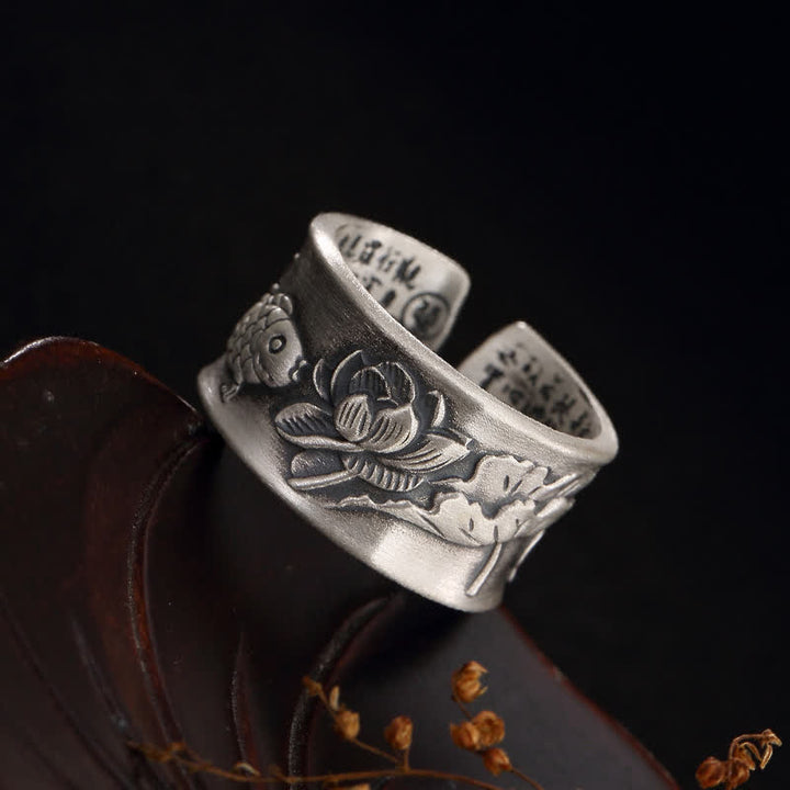 999 Sterling Silber Glück Koi Fisch Lotus Herz Sutra Reichtum Ring