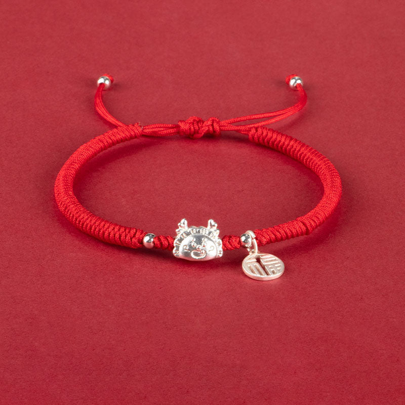 Buddha Stones 999 Sterling Silber Jahr des Drachen Fu Charakter Knödel Glück handgemachtes King Kong Knoten Armband