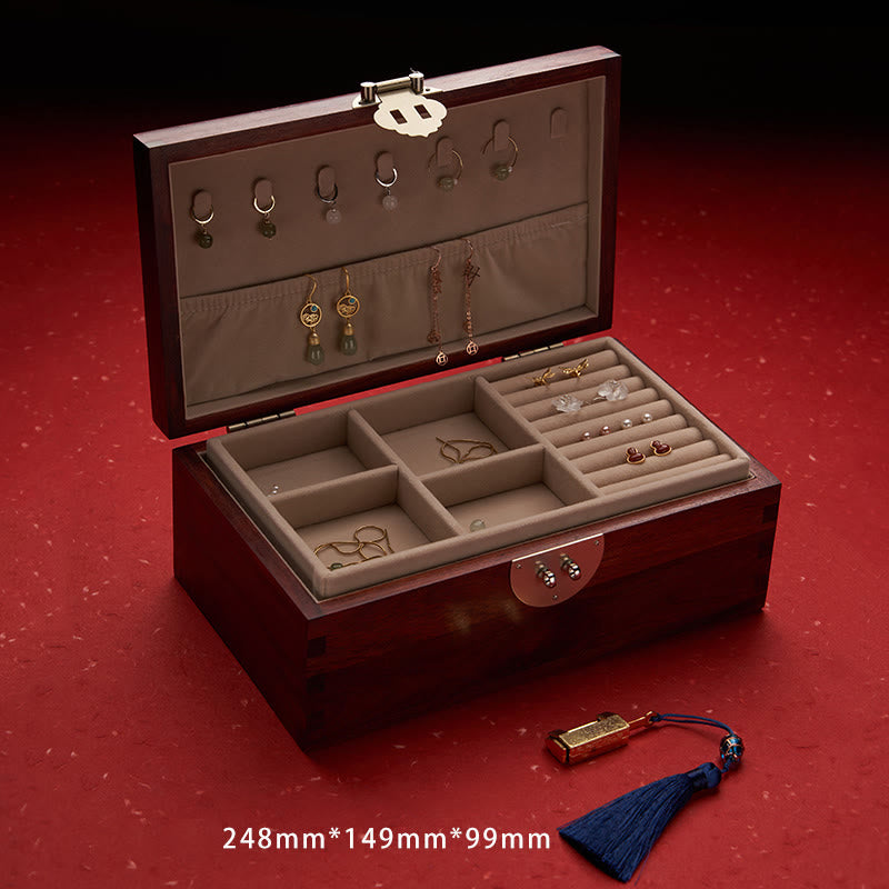 Antike handgemachte rote Sandelholz-Palisander-Schmuck-Aufbewahrungsbox, abschließbare Geschenk-Organizer-Box aus massivem Holz