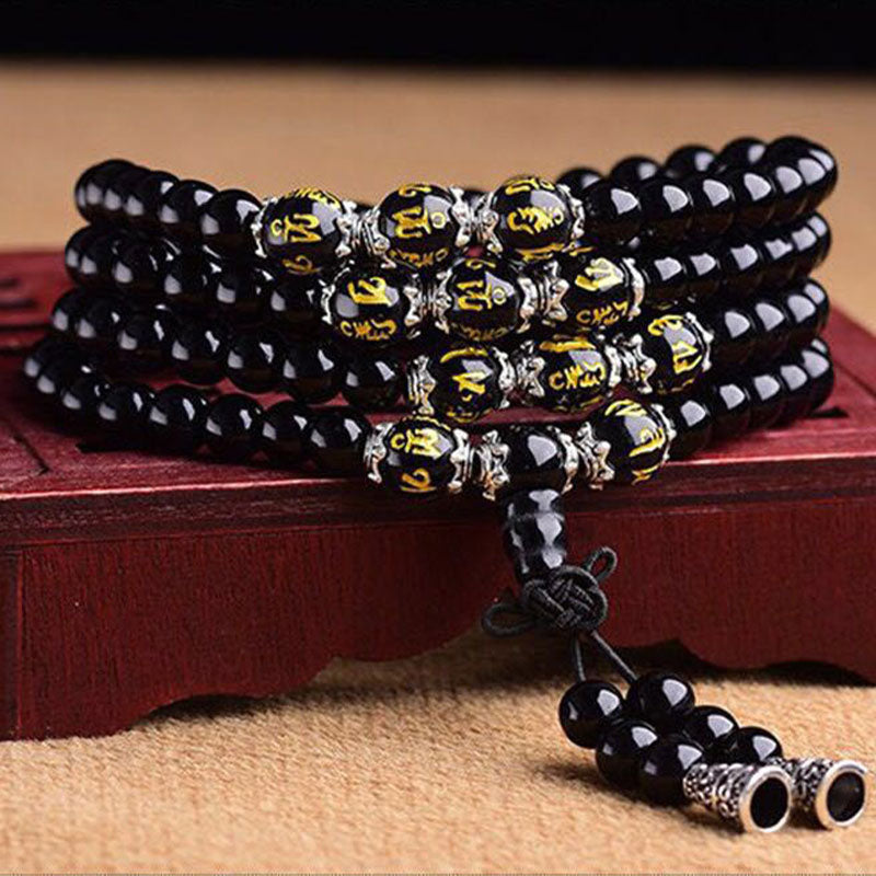 Buddha Stones Black Obsidian Six True Words Protection Mala Armband