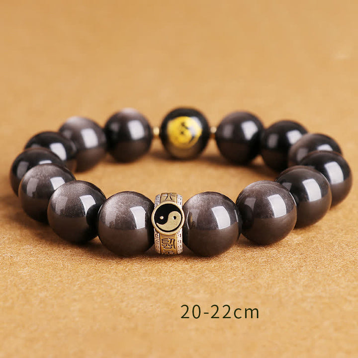 Buddha Stones 925 Sterling Silber Schwarz Obsidian Gold Glanz Obsidian Silber Glanz Obsidian Yin Yang Schutzarmband