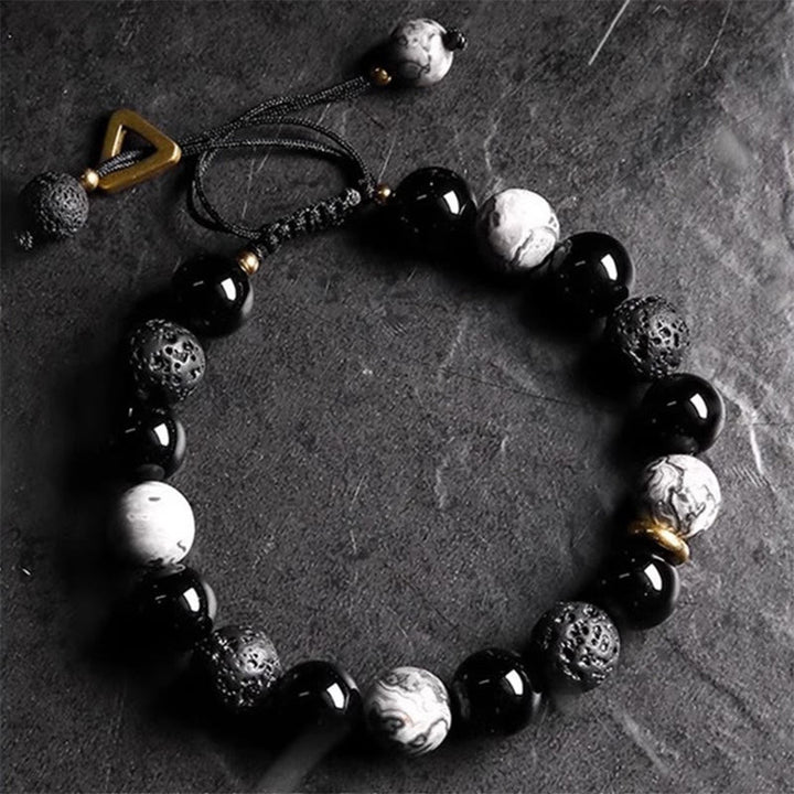 Buddha Stones Armband aus schwarzem Obsidian, Lavastein, Yin-Yang-Stärke