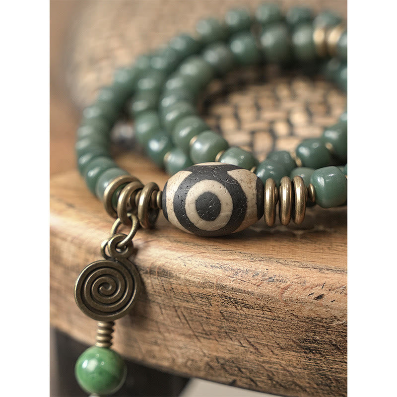 Cyan Bodhi Seed Dzi Bead Wisdom Peace Dreifach-Wickelarmband