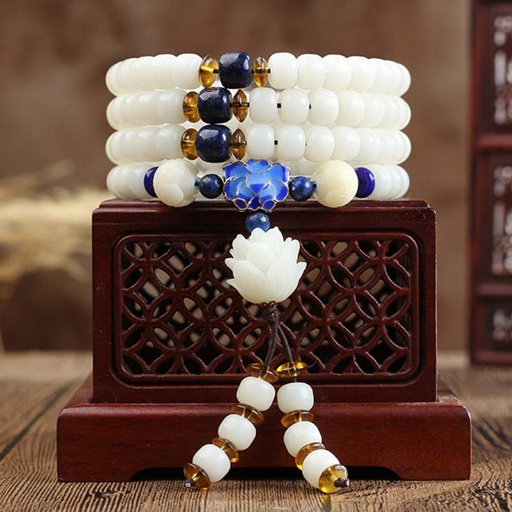 Buddha Stones Weiß Bodhi Lotus Mala Focus Armband