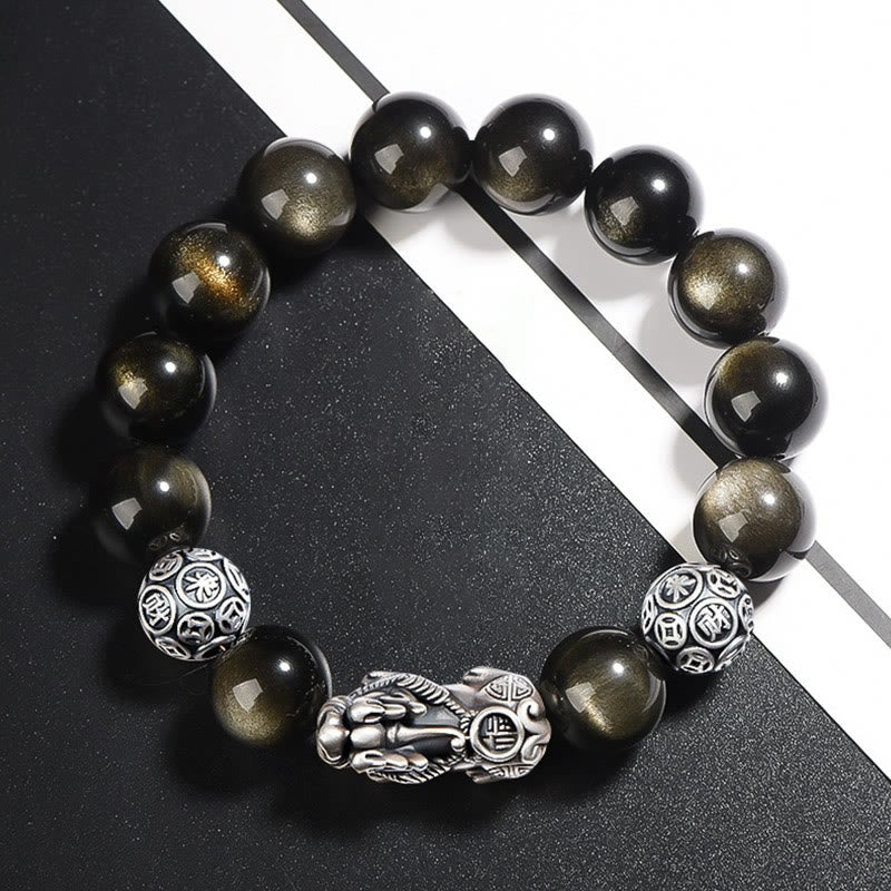 Buddha Stones 925 Sterling Silber Natürlicher Goldglanz Obsidian PiXiu Reichtumsschutzarmband