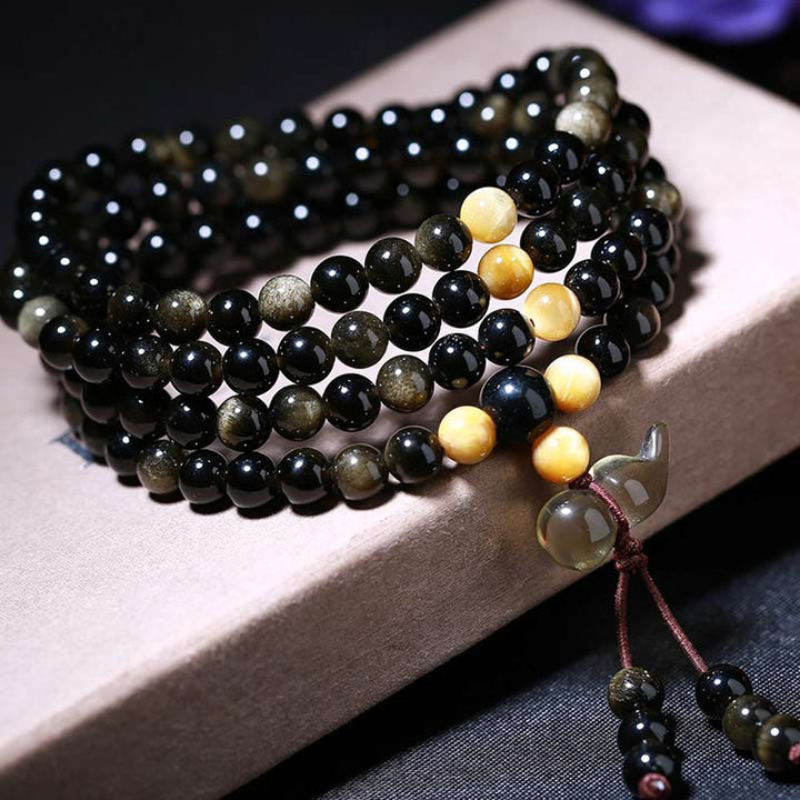 Natürliches Eis-Obsidian-Tigerauge-Kürbis-Armband Mala