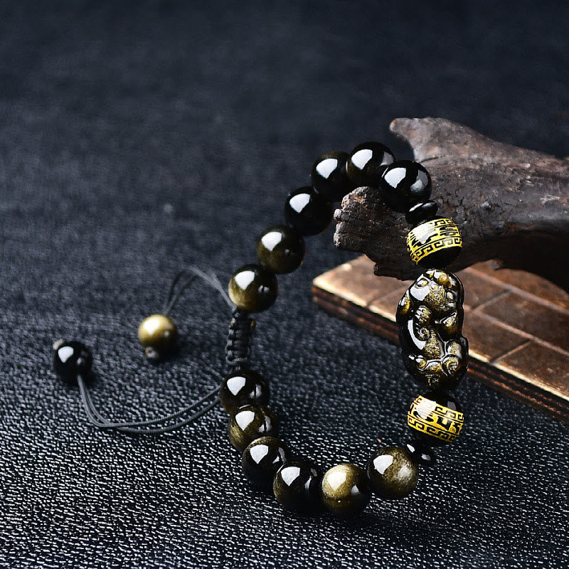 Buddha Stones Natürlicher Goldglanz-Obsidian PiXiu Om Mani Padme Hum Reichtum geflochtenes Armband