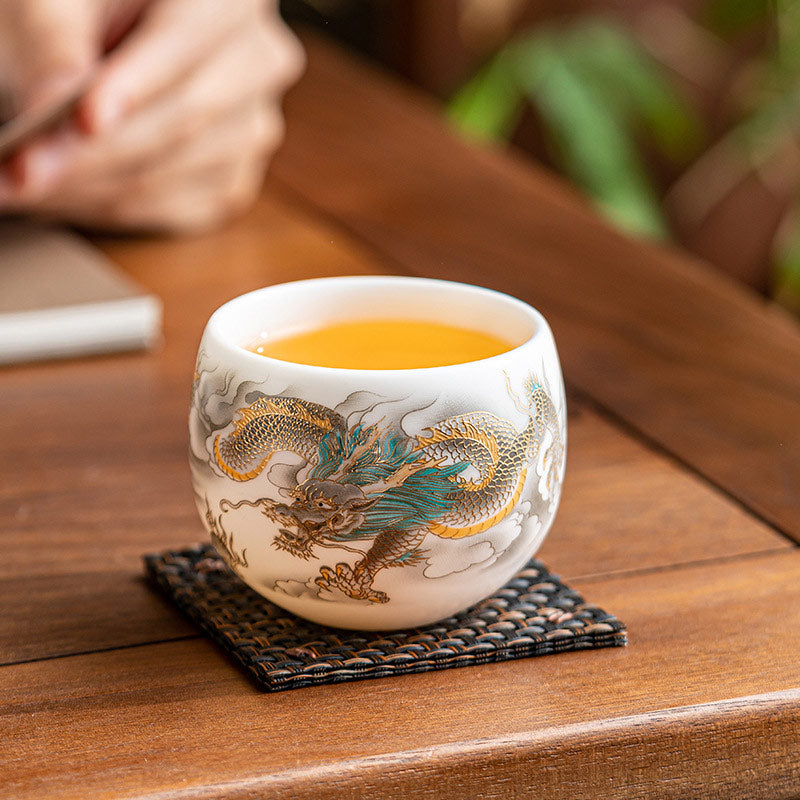 Buddha Stones, Drache, Phönix, verheißungsvolle Wolken, Keramik-Teetasse, Kung-Fu-Teetasse mit Geschenkbox