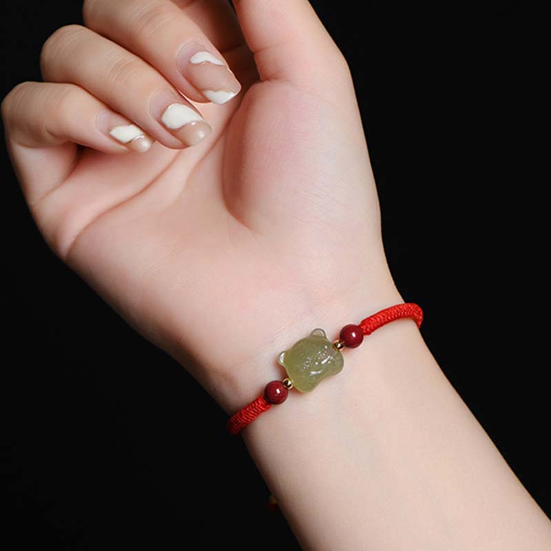 Buddha Stones Jade-Zinnober-Lucky-Tiger-Schnur-Armband