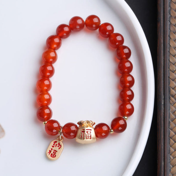 Buddha Stones, natürlicher Weiß Achat, roter Achat, Geldbeutel, Fu-Charakter, vierblättriges Kleeblatt, Schutzarmband