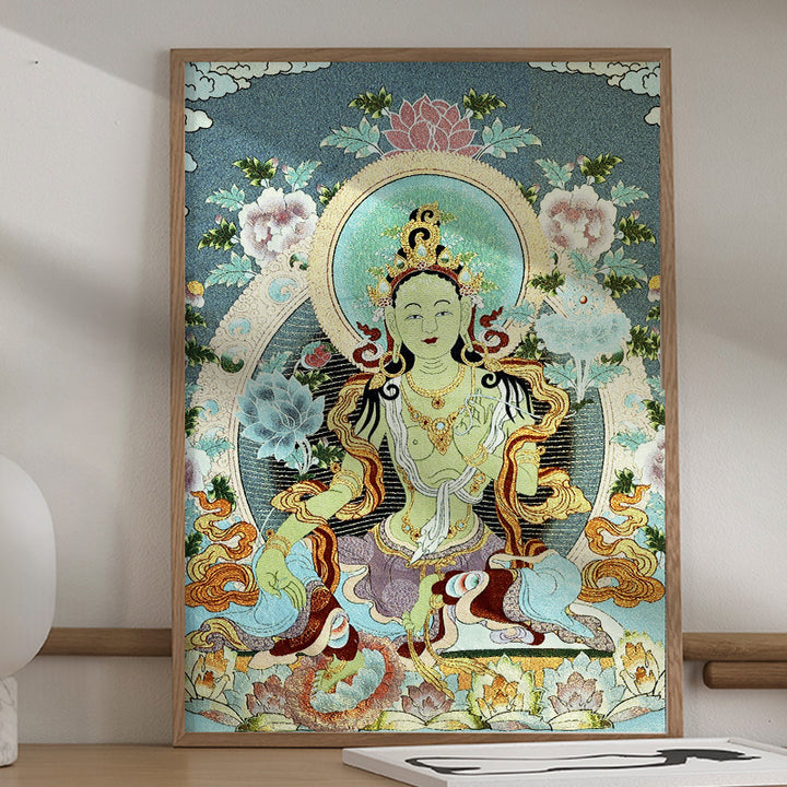 Buddha Stones, tibetische Seidenstickerei, Weiß Tara-Thangka-Wandteppich, Wandbehang, Wandkunst, Meditation für Heimdekoration
