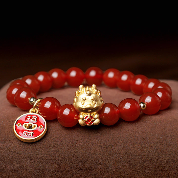 Buddha Stones, Jahr des Drachen, natürliches rotes Achat-Kupfer-Münze-Armband, das Glück anzieht