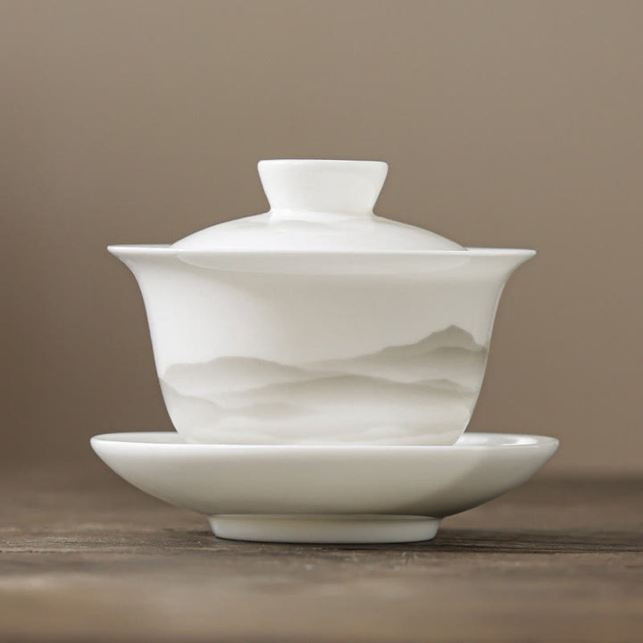 Buddha Stones, Vintage-Tuschemalerei, Berg , Weiß Porzellan, Keramik, Gaiwan, Sancai, Teetasse, Kung-Fu-Teetasse und Untertasse mit Deckel, Teeutensilien-Teekanne