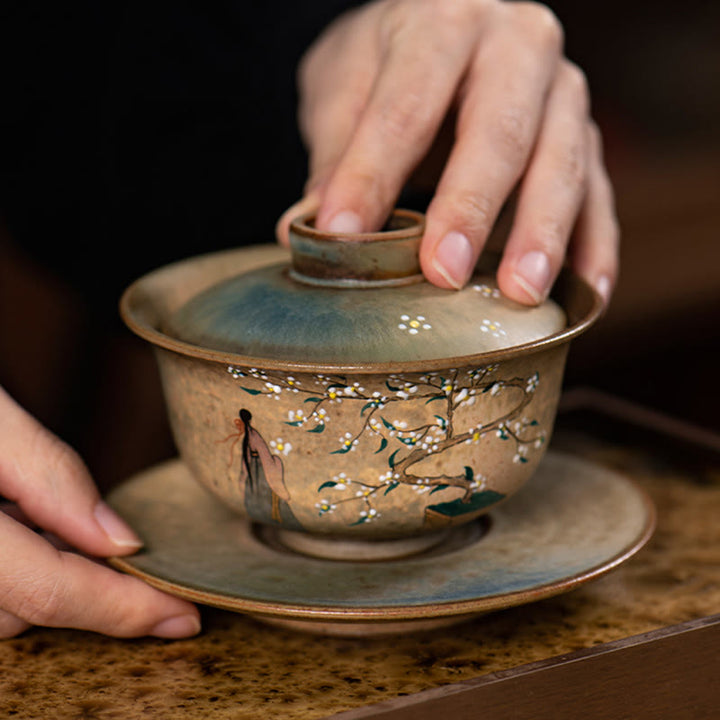 Buddha Stones, Jingdezhen, handbemalt, Ru-Ofen-Porzellan, Hanfu-Mädchen, Blume, Keramik, Gaiwan, Sancai, Teetasse, Kung-Fu-Teetasse und Untertasse mit Deckel