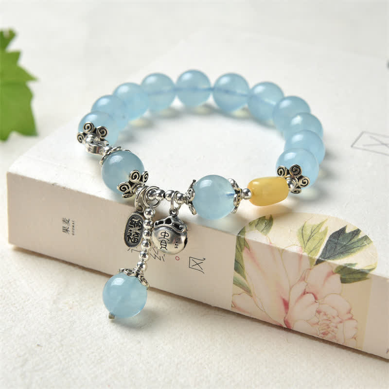 Charm-Armband aus 925er-Sterlingsilber mit natürlichem Aquamarin-Bernstein und heilendem Segen